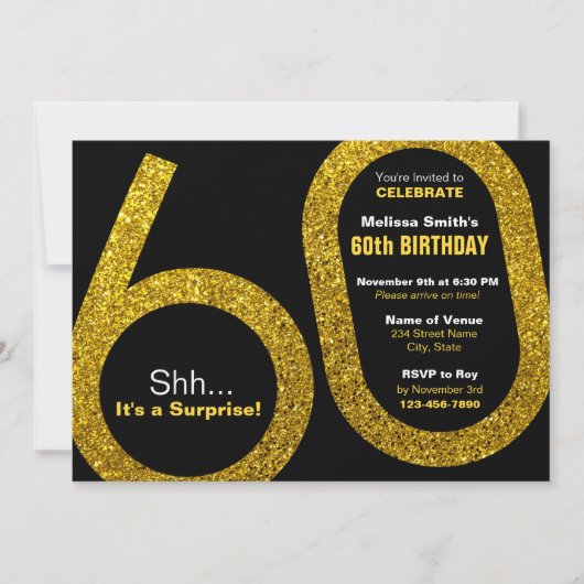 60番目の金ゴールドグリッター誕生日招待状 招待状 (正面)