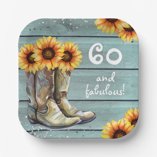 60素晴らしいカントリー素朴サンフラワーブーツカスタム ペーパープレート (正面)