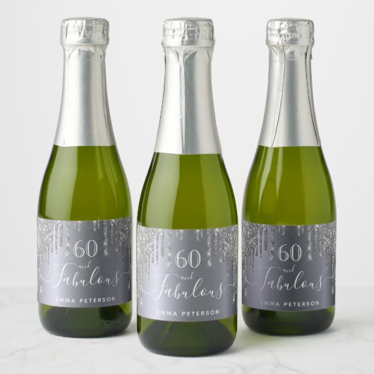 60素晴らしいバースデーシルバーグリッター スパークリングワインラベル (ボトル)