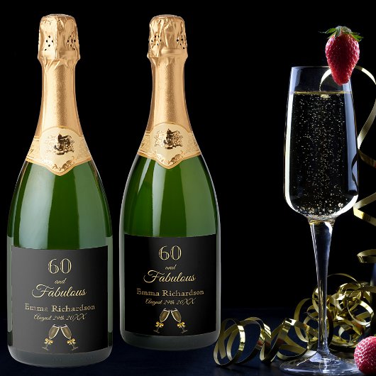 60素晴らしいパーティーブラック金ゴールド名 スパークリングワインラベル