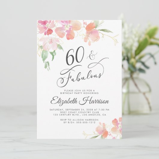 60素晴らしいピンクのフローラ水彩の誕生日パーティー 招待状 (スタンド正面)