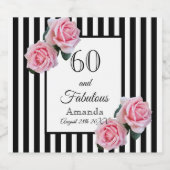 60素晴らしいピンクの花模様ブラックストライプ・モノグラム スパークリングワインラベル (シングルラベル)