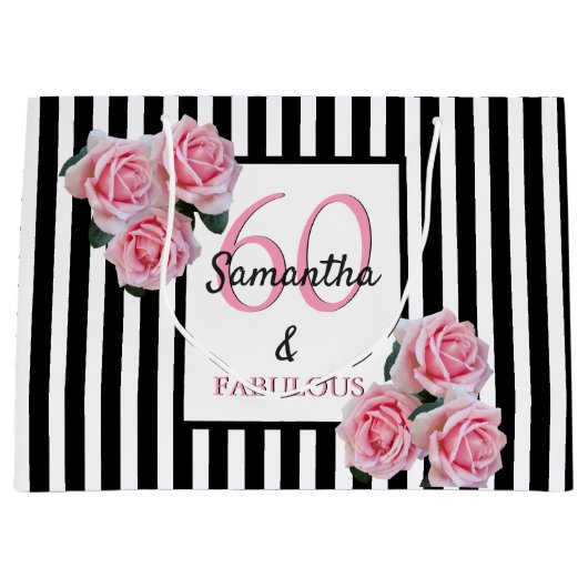 60素晴らしいピンク花模様白黒ストライプ ラージペーパーバッグ (正面)