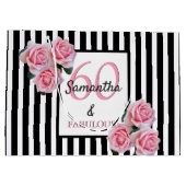 60素晴らしいピンク花模様白黒ストライプ ラージペーパーバッグ (裏面)