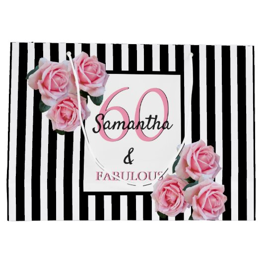 60素晴らしいピンク花模様白黒ストライプ ラージペーパーバッグ (裏面)