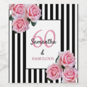 60素晴らしいピンク花模様白黒ストライプ ワインラベル (シングルラベル)