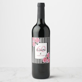 60素晴らしいピンク花模様白黒ストライプ ワインラベル