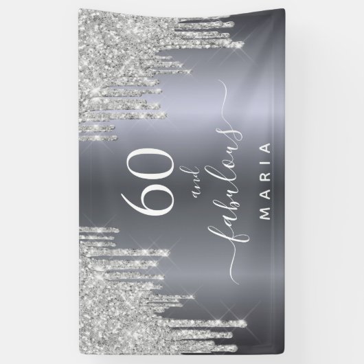 60素晴らしい誕生日きらめくグリッター銀 横断幕 (縦)