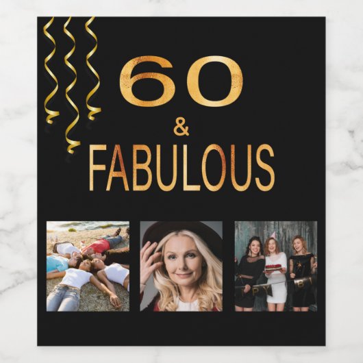 60素晴らしい誕生日の写真コラージュ黒金ゴールド ワインラベル (シングルラベル)