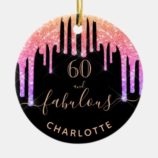 60素晴らしい誕生日の黒い虹のグリッター輝き セラミックオーナメント (正面)