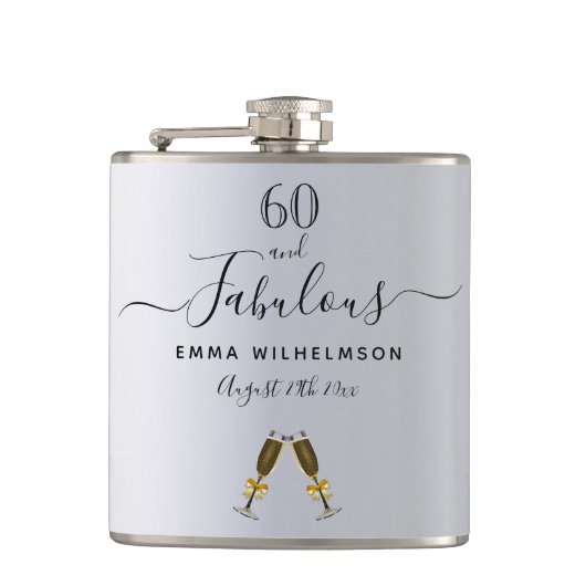 60素晴らしい誕生日シルバーモノグラムのスクリプト フラスク (正面)