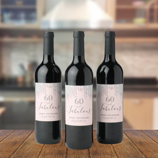 60素晴らしい誕生日バラ金ゴールドグリッターピンクシルバー ワインラベル