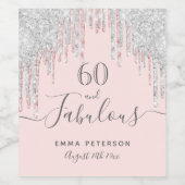 60素晴らしい誕生日バラ金ゴールドグリッターピンクシルバー ワインラベル (シングルラベル)