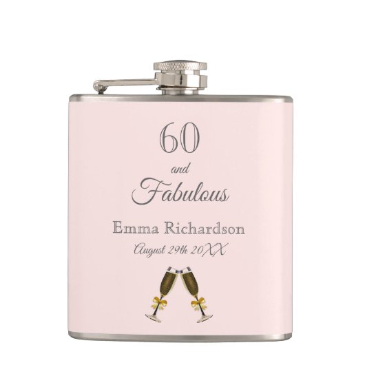 60素晴らしい誕生日バラ金ゴールド赤面ピンクモノグラム フラスク (正面)