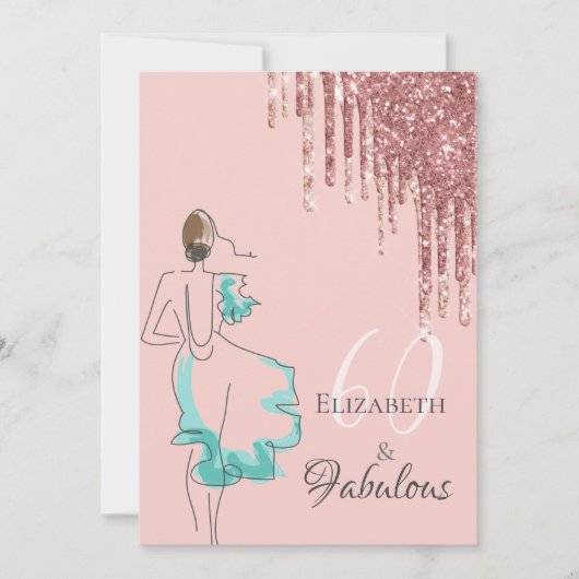 60素晴らしい誕生日パーティーバラ金ゴールドグリッタードリップ 招待状 (正面)