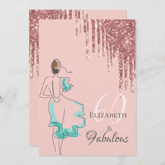 60素晴らしい誕生日パーティーバラ金ゴールドグリッタードリップ 招待状 (正面/裏面)