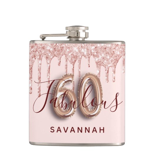 60素晴らしい誕生日パーティーバラ金ゴールド赤面グリッター フラスク (正面)