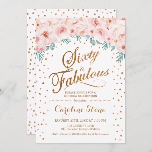 60素晴らしい誕生日パーティー – ホワイト金ゴールドピンク 招待状 (正面/裏面)