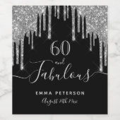 60素晴らしい誕生日ブラックグリッターシルバー輝き ワインラベル (シングルラベル)