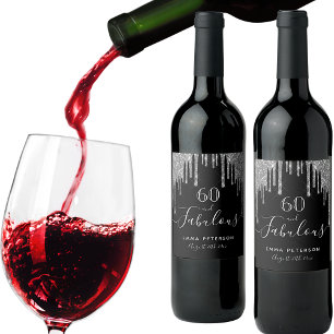 60素晴らしい誕生日ブラックグリッターシルバー輝き ワインラベル