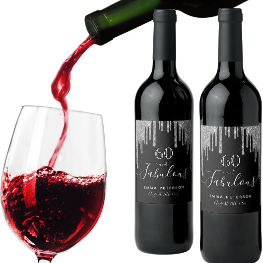 60素晴らしい誕生日ブラックグリッターシルバー輝き ワインラベル