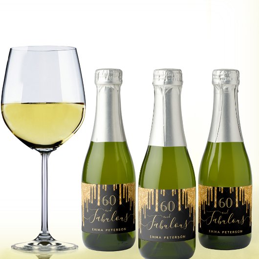 60素晴らしい誕生日ブラックグリッタースパークル金ゴールド スパークリングワインラベル