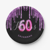 60素晴らしい誕生日ブラックパープルグリッタースパークル ペーパープレート (正面)