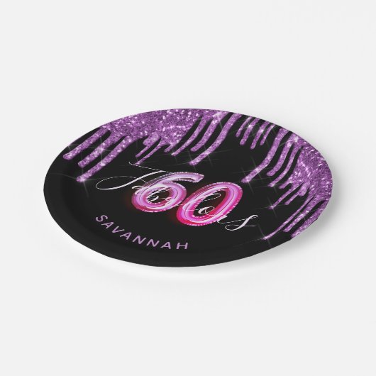 60素晴らしい誕生日ブラックパープルグリッタースパークル ペーパープレート (アングル)