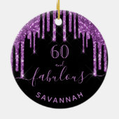 60素晴らしい誕生日ブラックパープルグリッター名 セラミックオーナメント (裏面)