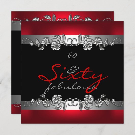 60素晴らしい60th誕生日パーティシルバーレッド 招待状 (正面/裏面)