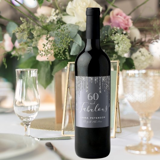 60素晴カスタムらしい誕生日グリッターシルバースパークル ワインラベル
