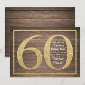 60素朴番目の誕生日招待状金ゴールドグリッター 招待状 (正面/裏面)