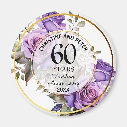 60結婚年の金ゴールド・フレームバラ マグネット (正面)