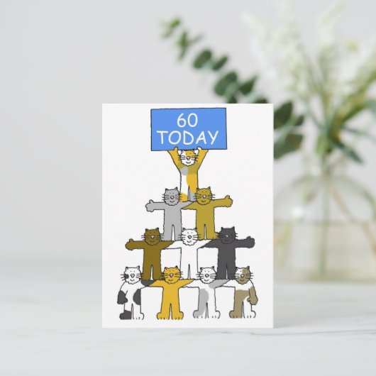 60誕生日の猫が旗を掲げる ポストカード (スタンド正面)