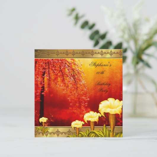 60誕生日アエレガントジア金ゴールド黄フローラ3a 招待状 (スタンド正面)