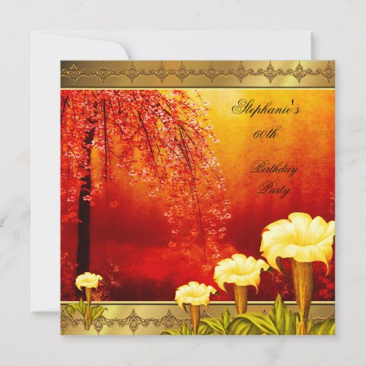 60誕生日アエレガントジア金ゴールド黄フローラ3a 招待状 (正面)