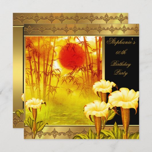 60誕生日アジアエレガント金ゴールド黄フローラ2 招待状 (正面/裏面)