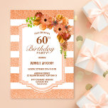 60誕生日アプリコットストライプのフローラパーティー 招待状<br><div class="desc">アプリコフェイクットグリッターストライプのフローラ60th birthday party invitation.</div>