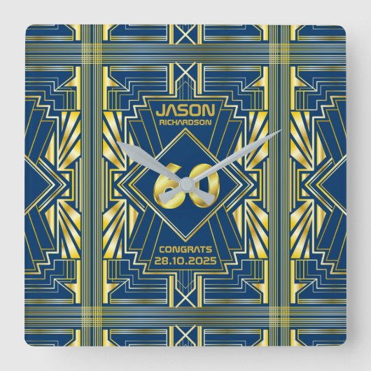 60誕生日アールデコ金ゴールドブルー素晴らしギャツビー スクエア壁時計 (正面)