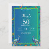 60誕生日インディアンエスニックグリーン金ゴールド孔雀 招待状 (正面)