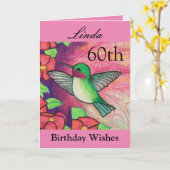 60誕生日ウィズピンクかわいらしハミングバード カード (黄色い花)