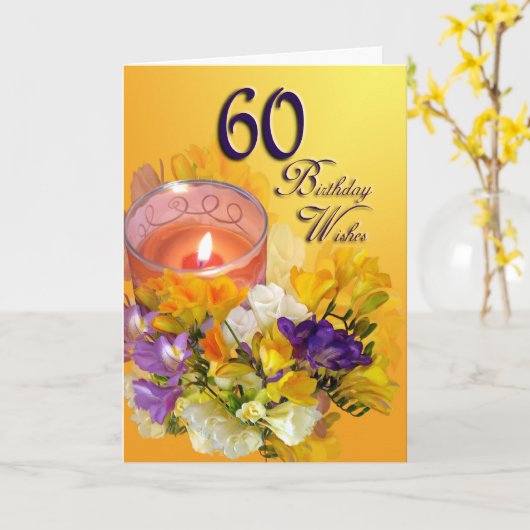 60誕生日ウィッシュカード – 無料のシーズとキャンドル カード (黄色い花)