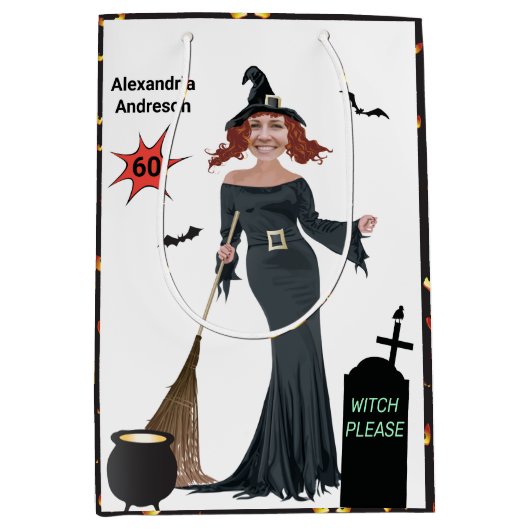 60誕生日ウィメンズニューおもしろいウィッチお願い ミディアムペーパーバッグ (正面)