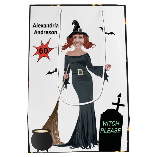 60誕生日ウィメンズニューおもしろいウィッチお願い ミディアムペーパーバッグ (裏面)