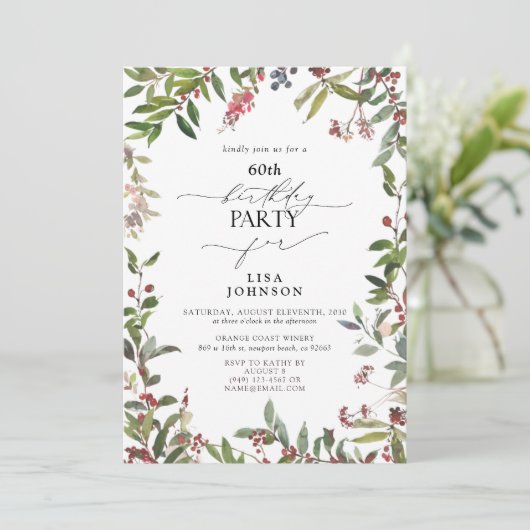 60誕生日ウィンターワイルドフラワーベリーの水色 招待状 (スタンド正面)