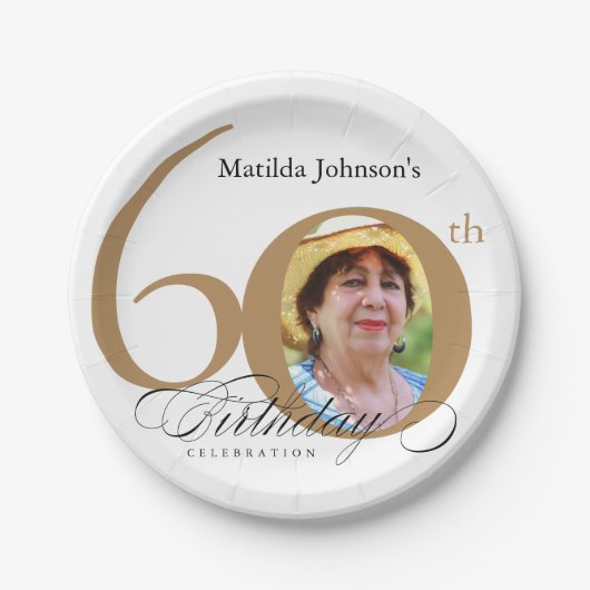 60誕生日エレガント金ゴールド白書写真 ペーパープレート (正面)