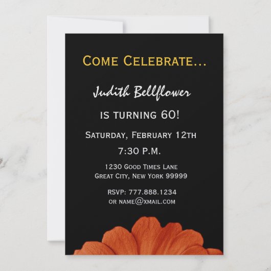 60誕生日オレンジ金ゴールドブラックデイジーメタル 招待状 (裏面)
