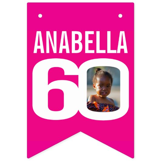 60誕生日カスタムフォトピンク白 バンティングフラッグ (第1の旗)