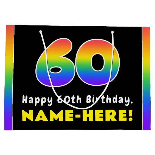 60誕生日カラフル:虹# 60、名前をカスタムする ラージペーパーバッグ (裏面)