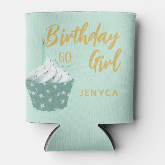 60誕生日ガールキュートカップケーキグリーンクーラーボックス 缶クーラー (正面)